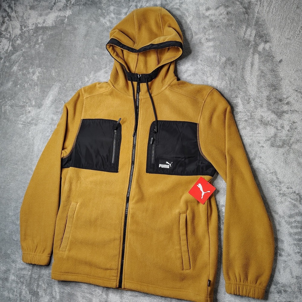 Puma Polar Fleece Hooded Jacket Mens Medium Bone Brown Solid Full Zip Utility